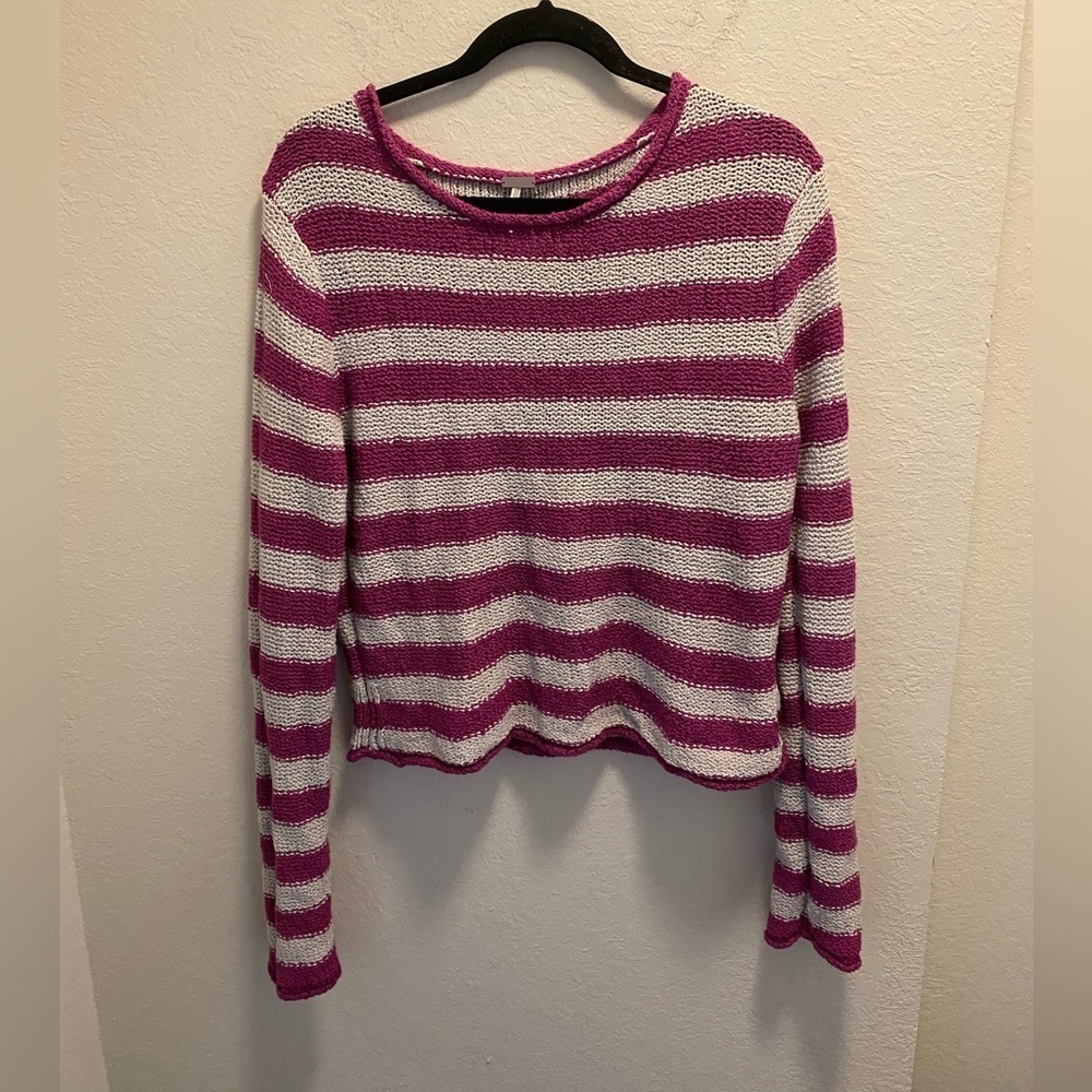 Free People Beach Pink And Gray Striped Crop Knit Sweater